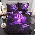 Purple Duvet Cover Set King Reversible Purple Rose Printed Bedding Quilt Cover with Zipper Closure, 3 Pieces (1 Duvet Cover + 2 Pillow cases), Soft Lightweight Microfiber 230x220cm