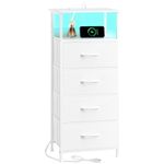 Somdot White Dresser with Charging Station and LED Light for Bedroom, Tall 4 Drawers Nightstand with Removable Fabric Bin for Bedside Laundry Closet Entryway Hallway, White Leather