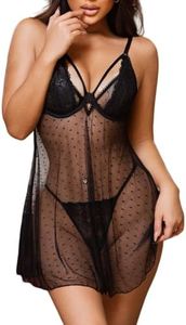 MIYALOVE Sexy Women’s Lingerie Lace Babydoll & Thong Set, Sheer V Neck Underwire Sleepwear, Plus Size S-4XL (Black, XXL-Large)
