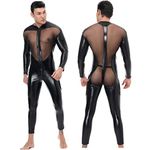 Men's Sexy Latex Lace Net yarn stitching Catsuit Patent Leather Jumpsuit Full Body Bodysuit Wet Look Zipper Clothing Black (M)