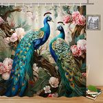 Yadshoti Peacock Shower Curtains Blue Beautiful Bird Pink Flower Two Peacocks Floral Plant Scenery Pattern Print Bathroom Decor Polyester Fabric Curtain Set 70 x 70 Inch with Hooks