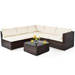 Tangkula 6 Pieces Patio Furniture Set, Outdoor Wicker Conversation Set with Glass Coffee Table, Wicker Sofa Set with Back & Seat Cushions, Rattan Sectional Conversation Set for Backyard Garden