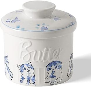toptier Butter Crock for Counter with Water Line, On Demand Spreadable Butter, Ceramic Bell Style Keeper to Leave Counter, French Dish with Lid, (Greedy Cat War) White 4.5×4.2