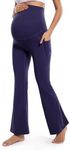 POSHDIVAH Women's Maternity Flare Leggings Over The Belly Pregnancy Workout Active Yoga Lounge Bootcut Pants with Pockets Navy Blue Small