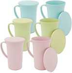 Okuna Outpost 6 Pack Wheat Straw Mugs with Handles, Lids, Unbreakable Coffee Cups, Microwave and Dishwasher Safe (3 Colors, 15 oz)