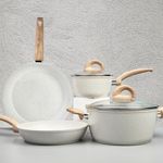 Vkoocy White Pots and Pans Set Non Stick, Ceramic Cookware Set with Granite Pattern Kitchen Cooking Sets Induction Pot and Pan w/Frying Pans, Saucepans, Casserole, Non-Toxic, PTFE/PFOA/PFOS-Free