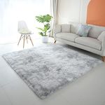 HOUSERAN Shag Area Rug 6’x6'(185x185cm) Tie Dyed Grey, Plush Fluffy Fur Rug for Living Room, Square Carpet for Bedroom, Soft Shaggy Rug for Living Room Dorm Nursery Indoor