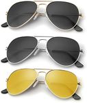 KALIYADI Polarized Aviator Sunglasses for Men Women Metal Sun glasses UV Blocking, 3 PACK(Golden Black/Silvery Black/Night Vision, 62mm)