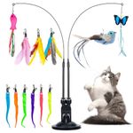 Cat Toys Set, 15PCS Interactive Cat Toys with 2 Slots Super Suction Cup, 12PCS Replacement Teaser Refills with Bell, Interactive Cat Toys are Suitable for Cats to Play and Exercise Indoors