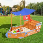 Keezi Kids Sandpit, Wooden Water Table Sand Pit Play Toys Sandcastle Garden Patio Beach Activity Outdoor Toy Games, with Canopy Ground Sheet Large Seat Nature Wood