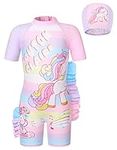 Edjude Baby Girl One Piece Rash Guards Swimsuit Sunsuit Short Sleeve Swimwear Toddler Kid Unicorn Bathing Suit Zip with Hat 6-12 Months