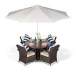 Arizona Luxury Rattan Dining Set | Round 4 Seater Brown Rattan Dining Set | Outdoor Poly Rattan Garden Table & Chairs Set | Patio Conservatory Wicker Garden Dining Furniture with Parasol & Cover