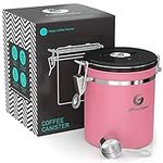 Coffee Gator Coffee Storage - Stainless Steel Tea and Sugar Containers - Canisters w/Date-Tracker, CO2 Valve for Freshness & Scoop - Medium, Pink