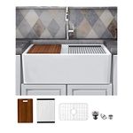 MEJE #KS 76.2x50.8cm Apron-Front Step Rim Workstation Farmhouse Kitchen Sink,Ceramic Single Bowl with Cutting Board,Grid & Strainer - White