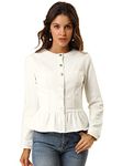 Allegra K Women's Peplum Denim Jackets Collarless Round Neck Button Down Cropped Ruffle Hem Coat, White, Medium