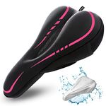 RONUX Narrow Bike Seat Cushion, Memory Foam & Gel Extra Comfort Pad Bicycle Saddle Cushions, Exercise Road Peloton Mountain Bikes Comfy Cycling Accessories, Women Men, Waterproof Rain Cover (Pink)