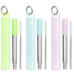 FYY Reusable Straws - 3 Pack Collapsible Stainless Steel Straws with Cleaning Brush & Silicone Tips Portable Travel Telescopic Drinking Straws with Storage Case & Keychain Ring