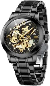 OPK Mens Watches Automatic Mechanical Self Winding Skeleton Luxury Diamond Watch Stainless Steel Waterproof Luminous, G8165: Black strap & black dial, luxury