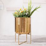 BEHOMA Hammered Metal Indoor Planter for Table Top and Floor | Living Room Drawing Room Balcony Planter | Office Desk Decoration Ideas for Small Plants | Gold Colour 1 Pcs (Large-1 Peice)