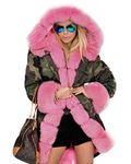 Roiii Women Thicken Warm Winter Coat Hood Down Parka Faux Fur Outdoor Overcoat Long Jacket Outwear, 7005 Pink, Small