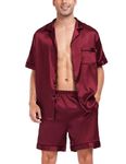 SWOMOG Mens Silk Satin Pajamas Sets Short Sleeve PJs Sets Button-Down Sleepwear Notch Collar Loungewear S-XXL Wine Red