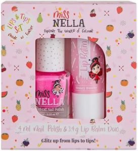 Miss Nella Nail Polish + Lip Balm set- Special Pink Glitter Nail Polish for Kids- WATERMELON POPSICLE, with Peel-off, Water Based & Odour Free Formula + HONEY BUNNEY pink hypoallergenic lip balm