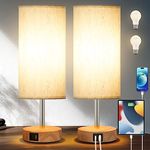 Yarra-Decor Bedside Lamp with USB A+C Charging Ports Set of Two - Touch Control Table Lamp for Wood 3 Way Dimmable Nightstand Lamp with Round Flaxen Fabric Shade (LED Bulb Included) (Y4-2 Pack)