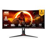 AOC CU34G2XP/BK 34 Inch Gaming Monitor Ultra QHD, 1440p, 180Hz, 1.0ms GTG, HDR 400, Ergonomic, Wide Angle 178° Curved, Height Adjustable, VESA Certified Display Ideal for Multitasking Monitor for PC