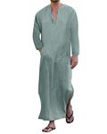 Jacansi Men's V-neck Short Sleeve Home Robe Side Split Kaftan Cotton Long Gown Thobe, Green #1, Medium