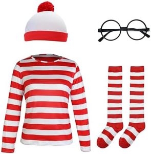 Gumyawl Waldo Adult Red and White Striped Shirt Men Women's Funny Halloween Costumes Shirt Hat Socks and Glasses Suits (Woman, Large)