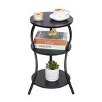 Vintage Round End Table, 3-Tier Slim Waist End Table with Storage Shelf, Small Round Table,Sofa Side Table,Small Round Vintage Nightstand for Living Room Bedroom Small Spaces, Easy Assembly (Black)