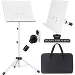 CAHAYA 2 in 1 Sheet Music Stand Tabletop Music Stand Solid Back with Carrying Bag for Books Notes Laptop Tablet White CY0194-2