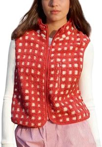 SeeLuNa Womens Checkered Sherpa Vest Sleeveless Winter Fleece Jacket High Neck Zip Up Plaid Gilet with Chest Pocket(Red,XS)