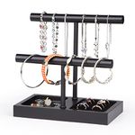 SZQINJI Jewelry Stand Bracelet Holder Jewelry Tree, Solid Wood Base With 2 Tier Metal T-Bar For Bracelet Wristband Bangle Watch Necklace Hanging,Black