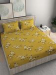 DECOMIZER Cotton Feel Glace Cotton Elastic Fitted Printed King Size Double Bed Bedsheet With 2 Pillow Coverm Fits Upto 8 Inches Mattress,Size- 72X78X10 Inches,Yellow Lily, 300 Tc