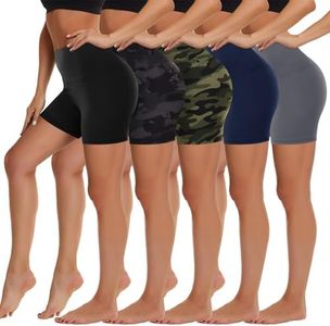 5 Pack Biker Shorts Women - 5"/8" High Waist Spandex Workout Yoga Running Athletic(Black/Grey/Navy/Black Print/Camo,Plus)