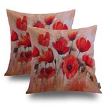 Shrahala Red Art Poppy Decorative Throw Pillow Cover, Beige Rustic Oil Painting Square Pillowcase Blended Double-Sided No Inserts for Bedroom Living Room Set of 2 (18 x 18 in)