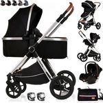 Baby Buggy Pram Pushchair Stroller 3 in 1 with Car Seat Carrycot Child Lightweight Folding Stroller Travel System Pram for Newborns & Toddlers from Birth (BBA - Black Silver, BBA)