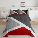 Erosebridal Patchwork Geometric Bedding Set,Red Dark Gray and Light Grey Comforter Set Twin Geometry Triangle Comforter for Rustic Farmhouse Room Decor,Modern Abstract Quilt Duvet 1 Pillow Case