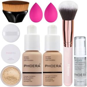 PHOERA Foundation, Full Coverage Foundation, PHOERA Primer, PHOERA Powder, PHOERA Makeup Set, Kabuki Makeup Brushes Foundation Brush Powder Brush,2 Pcs Makeup Sponge (102+104/Nude+Buff Beige)