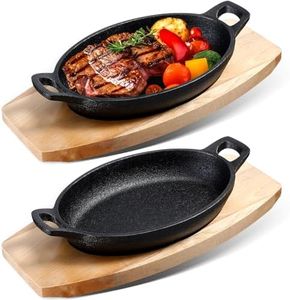 Mifoci 2 Sets Cast Iron Skillet with Wooden Base Mini Cast Iron Fajita Plates Cast Iron Baker's Skillet Matte Black Small Cast Iron Pan for Kitchen Restaurant Barbecue Dinner (8.5 x 6.1 x 1.7 Inches)