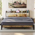 LIKIMIO King Bed Frame, Storage Headboard with Charging Station, Solid and Stable, Noise Free, No Box Spring Needed, Easy Assembly (Walnut and Beige)