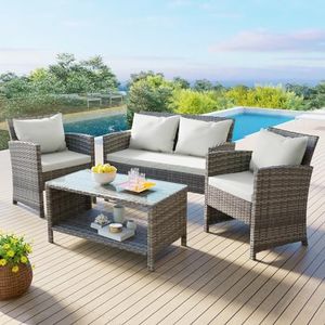 ALFORDSON Outdoor Patio Furniture 4pcs Conversation Set, Wicker 4 Pieces Lounge Chair & Glass Coffee Table Setting, Steel Frame Garden Rattan Sofa with Cushions and Back Pillows, Light Grey