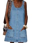 BZB Women's Sleeveless Casual Denim Dress Crewneck Vintage Overall Mini Dress with Pockets, Blue, Medium