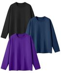 HIBETY 3 Pack Athletic Kids Cotton T-Shirts, Boys Moisture-Wicking Sports Tee, Gym Workout Long Sleeve Shirts Black/Purple/Navy-3P07-XL