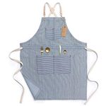 Jeanerlor Blue Striped Denim Aprons for Women and Men - Jean cross back apron adjustable neck unisex with Four Pockets for Barista, Chef, Barber, Painter and Gardener, Adjustable M to XXL