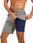 difficort Mens Swimming Trunks with Compression Liner Quick Dry Swimwear Beach Shorts with Zipper Pockets,Light Gray,Large