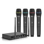 D Debra Pro UHF 4 Channel Wireless Microphone System with Cordless Handheld Lavalier Headset Mics, Metal Receiver, Ideal for Karaoke Church Party (4 Handheld)