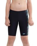 Speedo Boy's Endurance 10 High Chlorine Resistant UPF 40+ Sun Protection Hyperboom Panel Print Jammer - True Navy & Harlequin Green