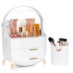 Winter Shore White Makeup Storage Organiser with Brush Jar - 3-Tier Plastic Drawer Box with Rotating Handle, Clear Lid - Waterproof, Dustproof Cosmetic & Skincare Display Case for Travel, Vanity Desk